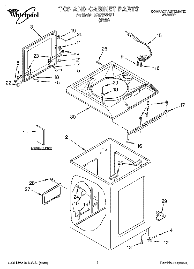 TOP AND CABINET, LITERATURE Diagram and Parts List for LCR7244HQ1  Whirlpool Washer