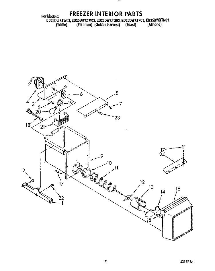 FREEZER INTERIOR Diagram and Parts List for ED25DWXTW03  Whirlpool Refrigerator