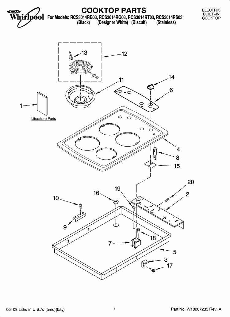 COOKTOP PARTS Diagram and Parts List for RCS3014RB03  Whirlpool Cooktop