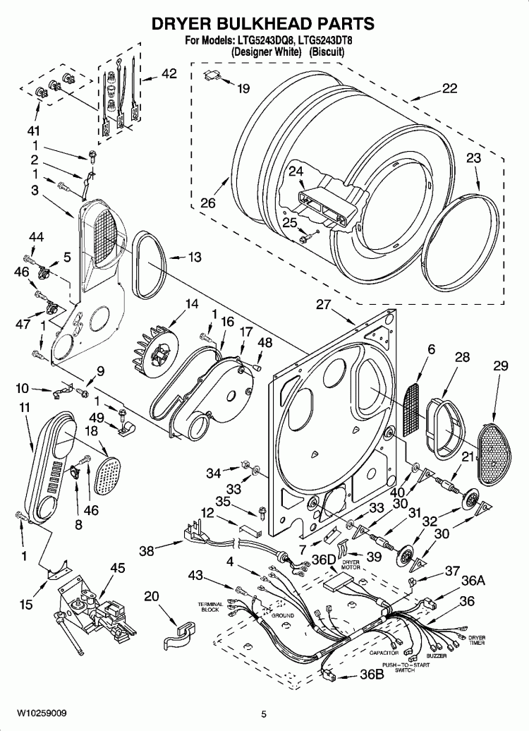 DRYER BULKHEAD PARTS Diagram and Parts List for LTG5243DT8  Whirlpool Washer Dryer Combo