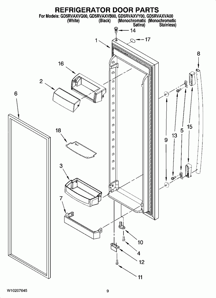 REFRIGERATOR DOOR PARTS Diagram and Parts List for GD5RVAXVB00  Whirlpool Refrigerator