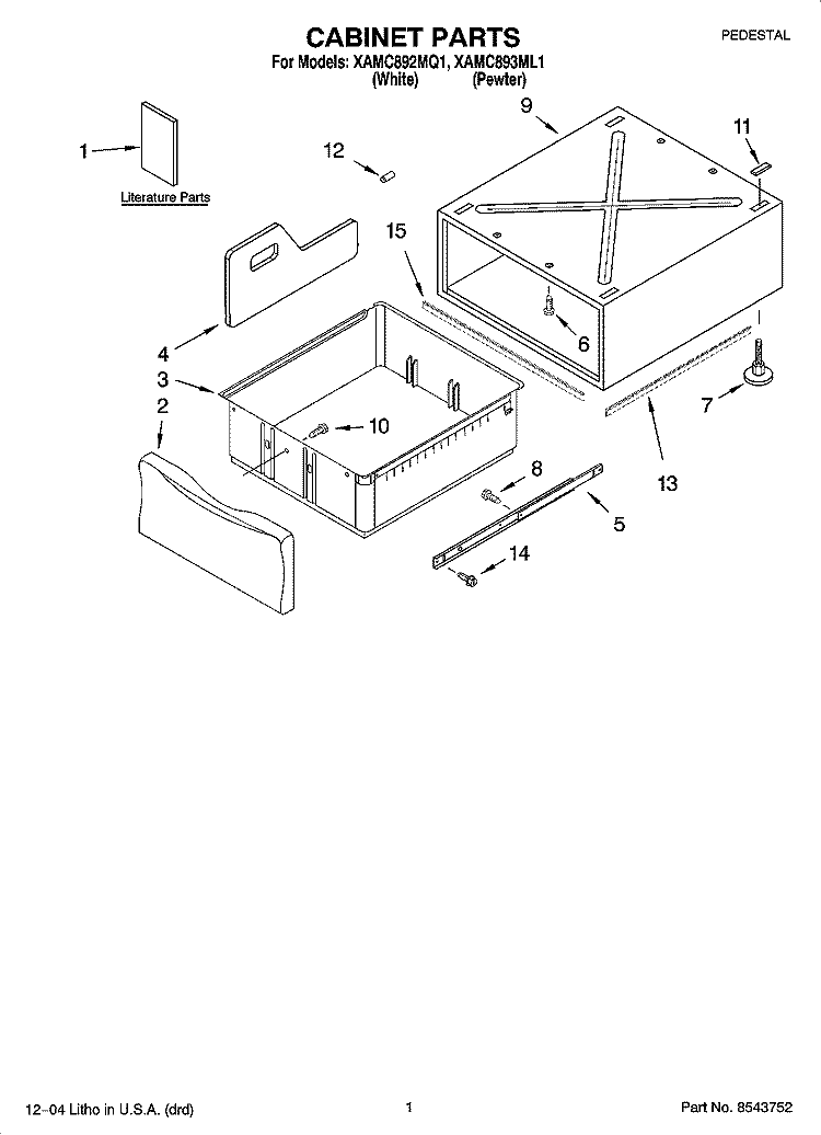 CABINET PARTS Diagram and Parts List for XAMC892MQ1  Whirlpool Laundry Accessories