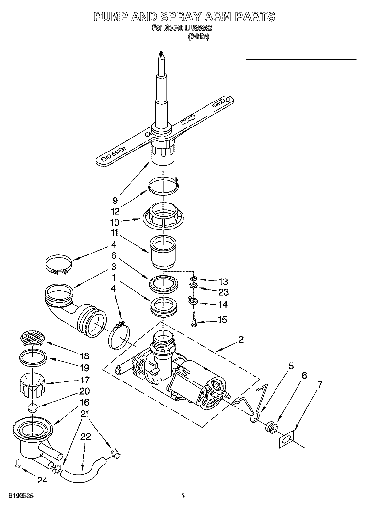 PUMP AND SPRAY ARM PARTS Diagram and Parts List for IJU25262  Inglis Dishwasher