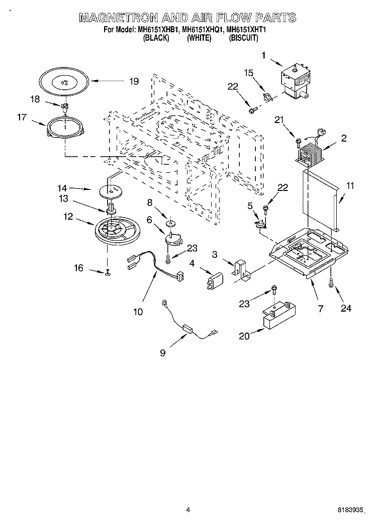 MAGNETRON AND AIR FLOW Diagram and Parts List for MH6151XHQ1  Whirlpool Microwave