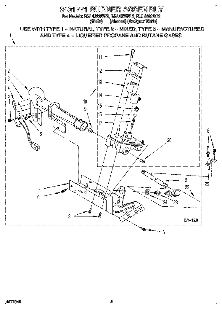 3401771 BURNER ASSEMBLY Diagram and Parts List for RGL4632BQ2  Roper Dryer
