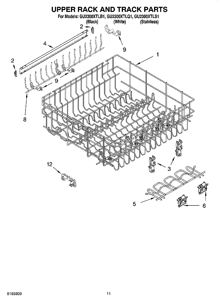 UPPER RACK AND TRACK PARTS Diagram and Parts List for GU2300XTLB1  Whirlpool Dishwasher