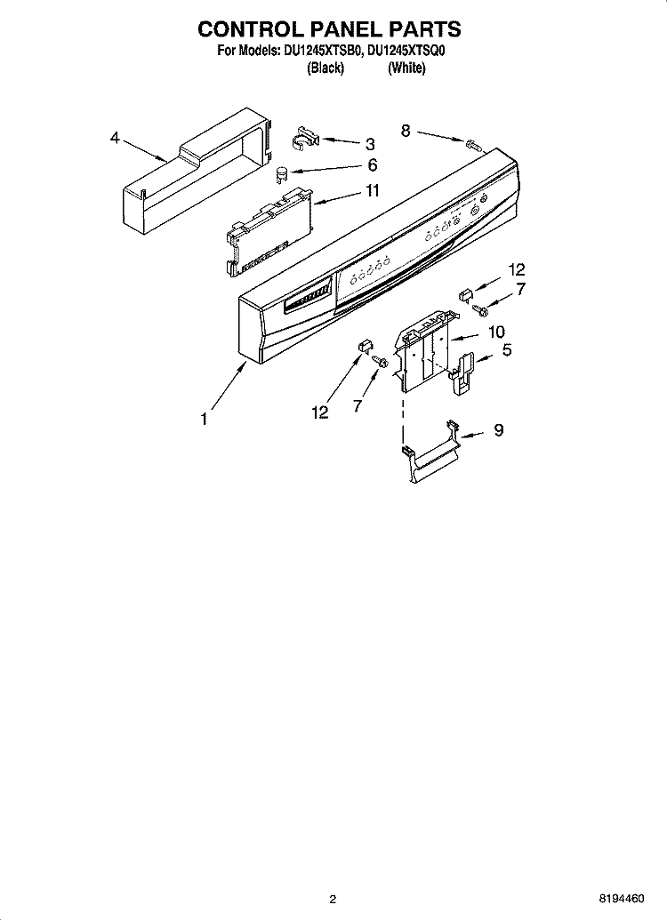 CONTROL PANEL PARTS Diagram and Parts List for DU1245XTSQ0  Whirlpool Dishwasher