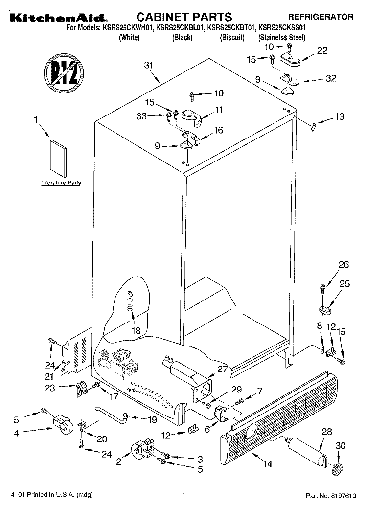 CABINET, LITERATURE Diagram and Parts List for KSRS25CKSS01  KitchenAid Refrigerator
