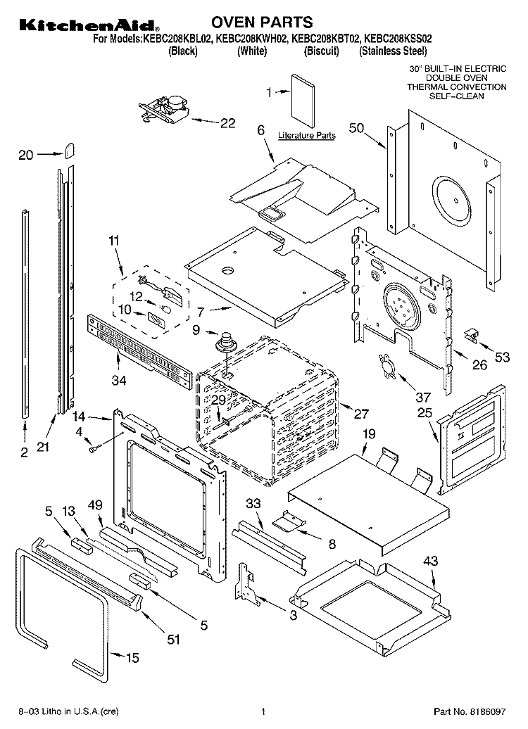 OVEN PARTS Diagram and Parts List for KEBC208KSS02  KitchenAid Wall Oven
