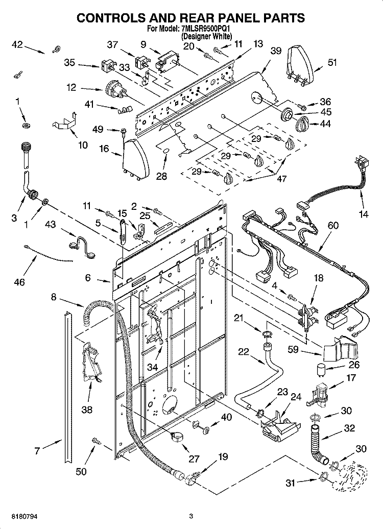 CONTROLS AND REAR PANEL PARTS Diagram and Parts List for 7MLSR9500PQ1  Whirlpool Washer