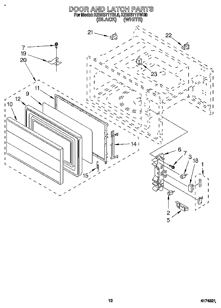 DOOR AND LATCH Diagram and Parts List for KEMI371YBL0  KitchenAid Wall Oven