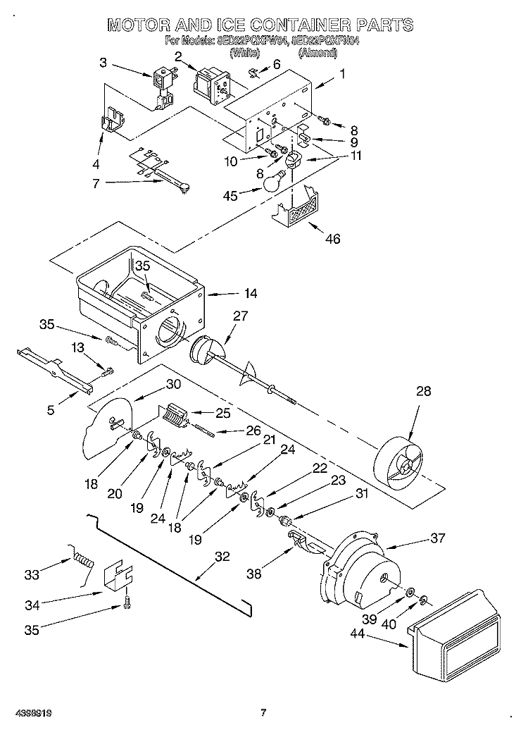 MOTOR AND ICE CONTAINER Diagram and Parts List for 8ED22PQXFW04  Whirlpool Refrigerator