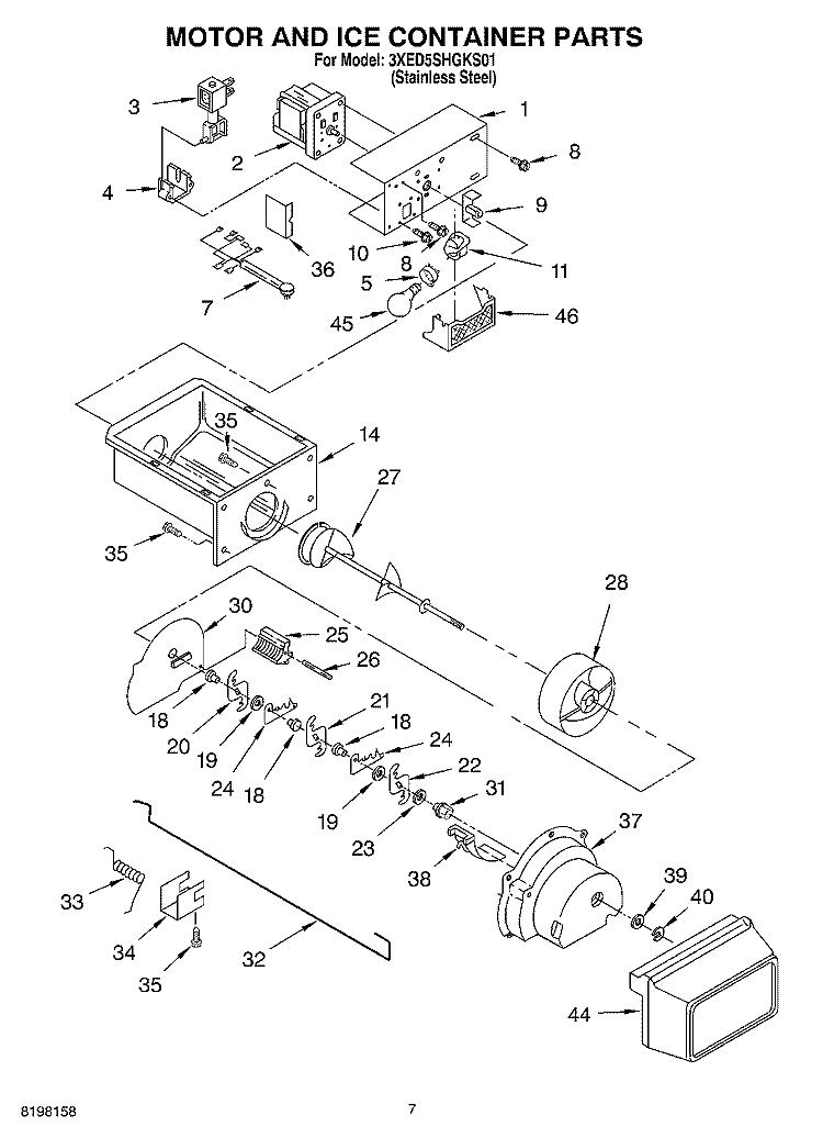 MOTOR AND ICE CONTAINER Diagram and Parts List for 3XED5SHGKS01  Whirlpool Refrigerator