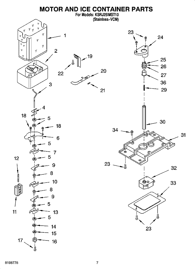 MOTOR AND ICE CONTAINER PARTS Diagram and Parts List for KSRJ25IMST10  KitchenAid Refrigerator