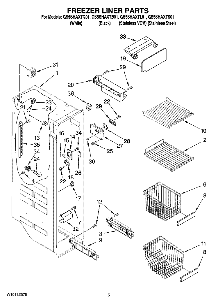 FREEZER LINER PARTS Diagram and Parts List for GS5SHAXTL01  Whirlpool Refrigerator