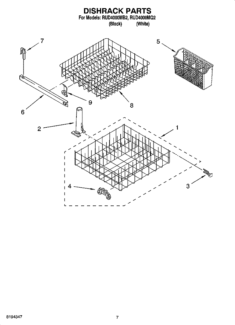 DISHRACK PARTS, OPTIONAL PARTS (NOT INCLUDED) Diagram and Parts List for RUD4000MQ2  Roper Dishwasher