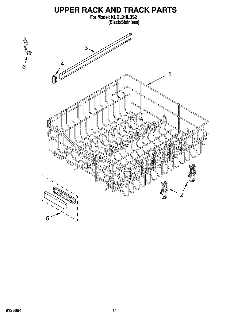 UPPER RACK AND TRACK PARTS Diagram and Parts List for KUDL01ILBS2  KitchenAid Dishwasher