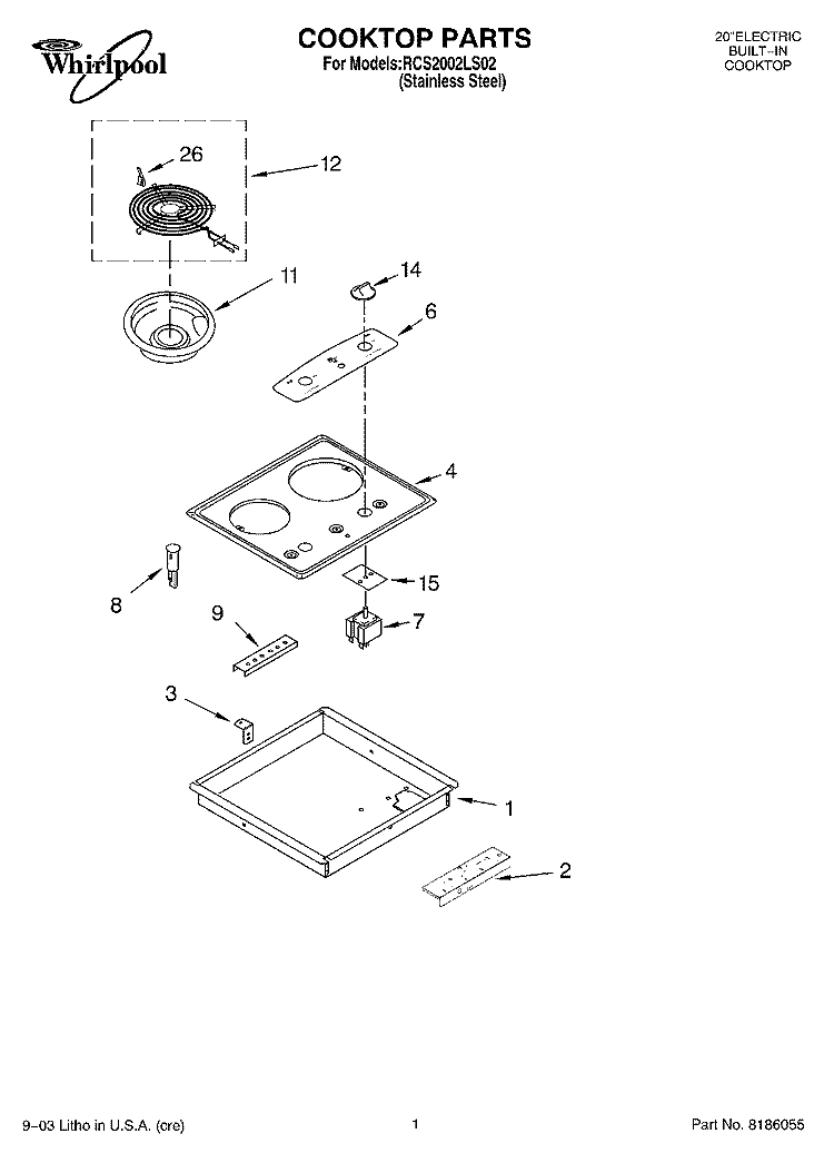 COOKTOP PARTS, MISCELLANEOUS PARTS Diagram and Parts List for RCS2002LS02  Whirlpool Cooktop