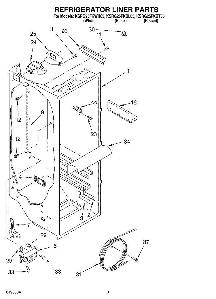 REFRIGERATOR LINER PARTS Diagram and Parts List for KSRG25FKBL05  KitchenAid Refrigerator