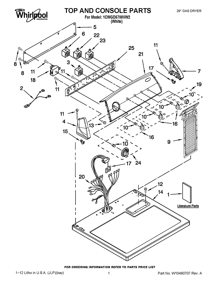 TOP AND CONSOLE PARTS Diagram and Parts List for 1CWGD5700VW2  Whirlpool Dryer