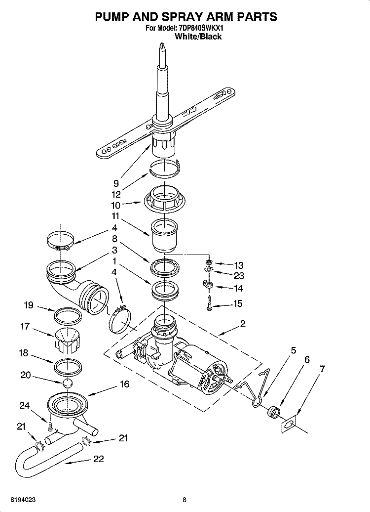 PUMP AND SPRAY ARM PARTS Diagram and Parts List for 7DP840SWKX1  Whirlpool Dishwasher