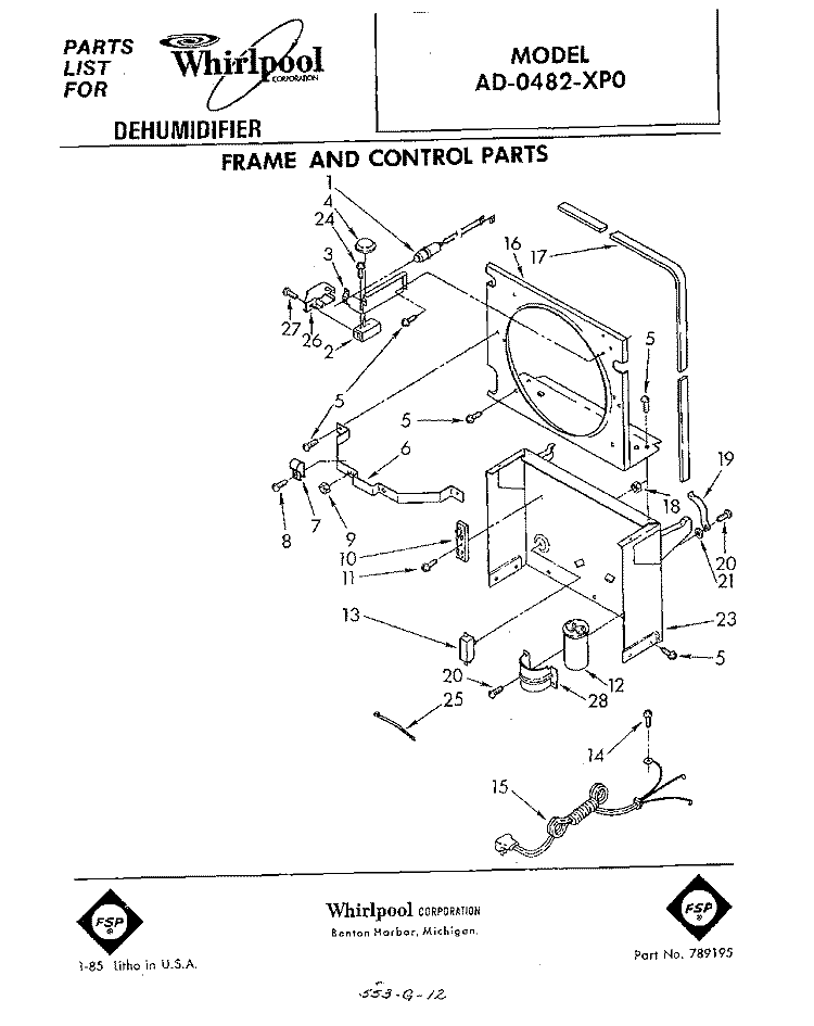 SECTION Diagram and Parts List for AD0482XP0  Whirlpool Dehumidifier