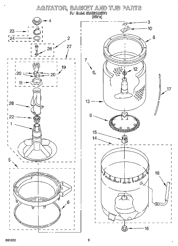 AGITATOR, BASKET AND TUB Diagram and Parts List for 6RAB5132EW1  Whirlpool Washer