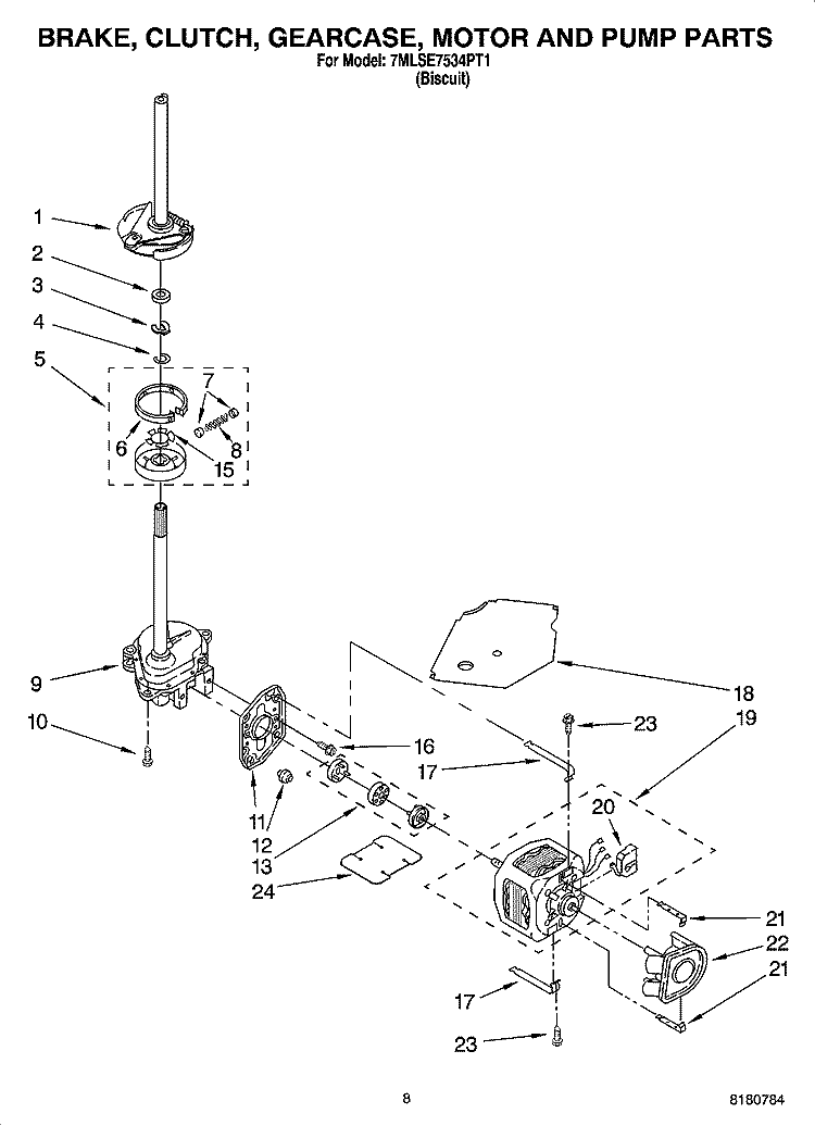 BRAKE, CLUTCH, GEARCASE, MOTOR AND PUMP PARTS Diagram and Parts List for 7MLSE7534PT1  Whirlpool Washer