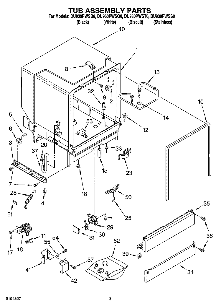 TUB ASSEMBLY PARTS Diagram and Parts List for DU930PWSS0  Whirlpool Dishwasher