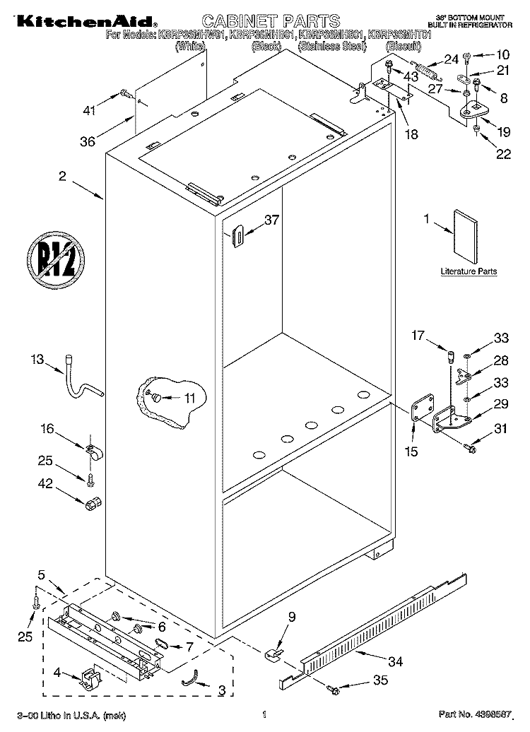 CABINET, LITERATURE Diagram and Parts List for KBRP36MHB01  KitchenAid Refrigerator