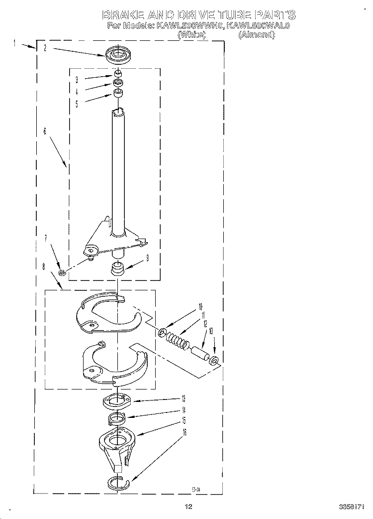BRAKE AND DRIVE TUBE Diagram and Parts List for KAWL500WWH0  KitchenAid Washer