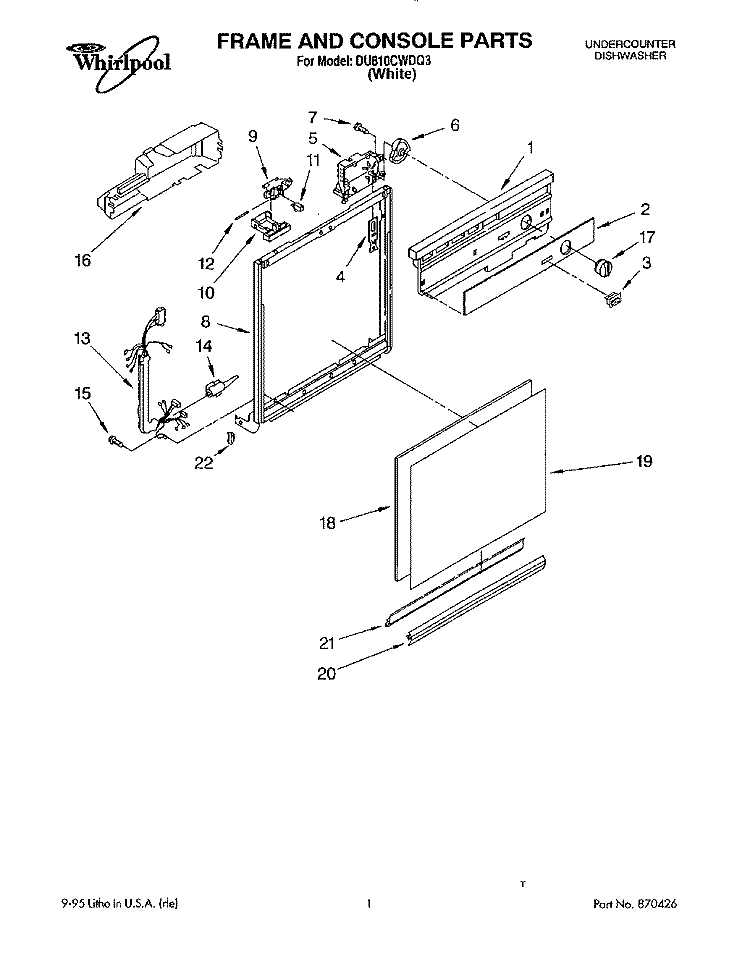 FRAME AND CONSOLE Diagram and Parts List for DU810CWDQ3  Whirlpool Dishwasher