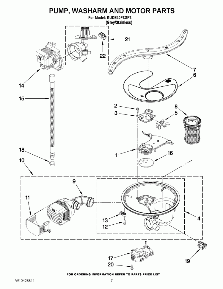 PUMP, WASHARM AND MOTOR PARTS Diagram and Parts List for KUDE40FXSP3  KitchenAid Dishwasher