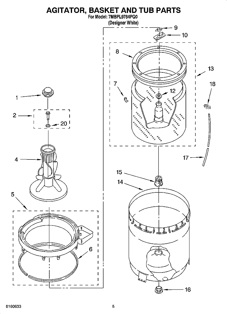 AGITATOR, BASKET AND TUB PARTS Diagram and Parts List for 7MBPL9764PQ0  Whirlpool Washer