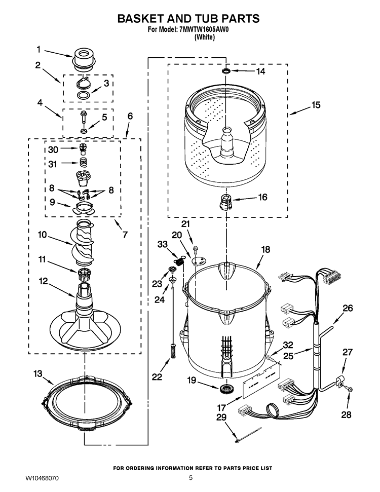 BASKET AND TUB PARTS Diagram and Parts List for 7MWTW1605AW0  Whirlpool Washer