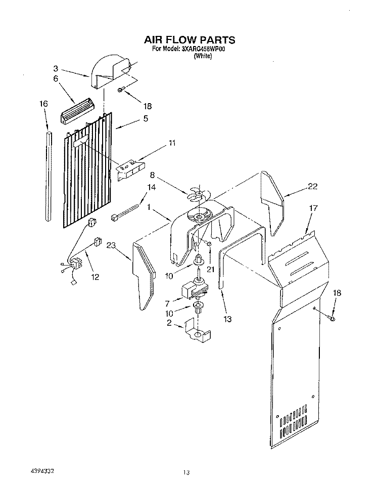 AIR FLOW Diagram and Parts List for 3XARG458WP00  Whirlpool Refrigerator