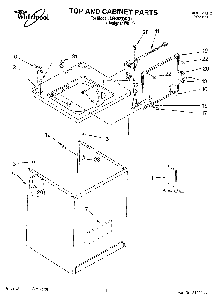 TOP AND CABINET PARTS Diagram and Parts List for LSB6200KQ1  Whirlpool Washer