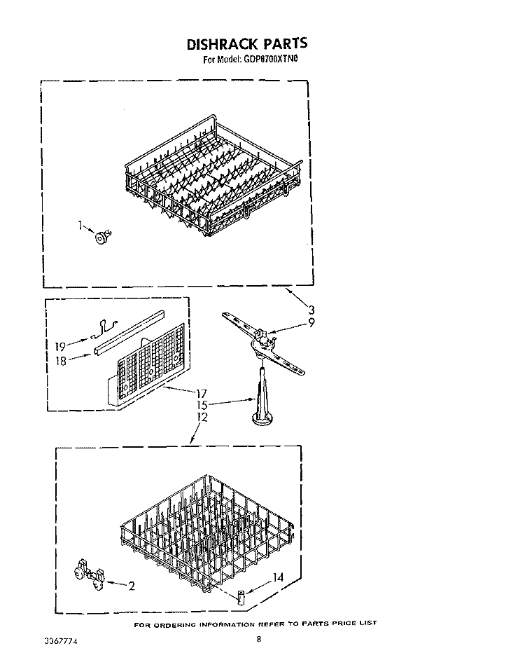 DISHRACK Diagram and Parts List for GDP8700XTN0  Whirlpool Dishwasher