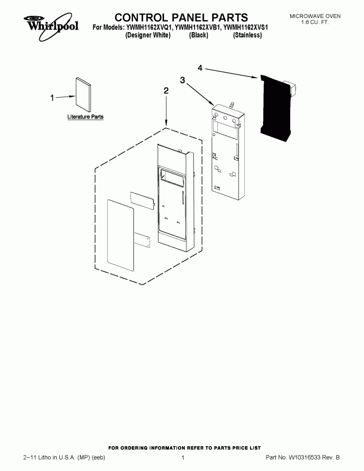 CONTROL PANEL PARTS Diagram and Parts List for YWMH1162XVB1  Whirlpool Microwave