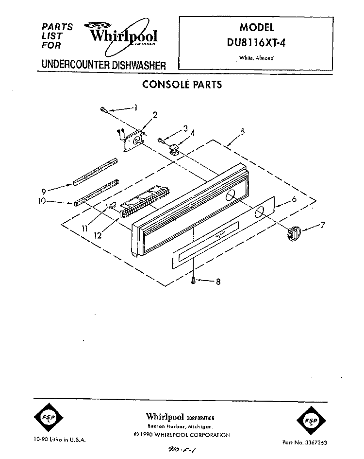 CONSOLE Diagram and Parts List for DU8116XT4  Whirlpool Dishwasher