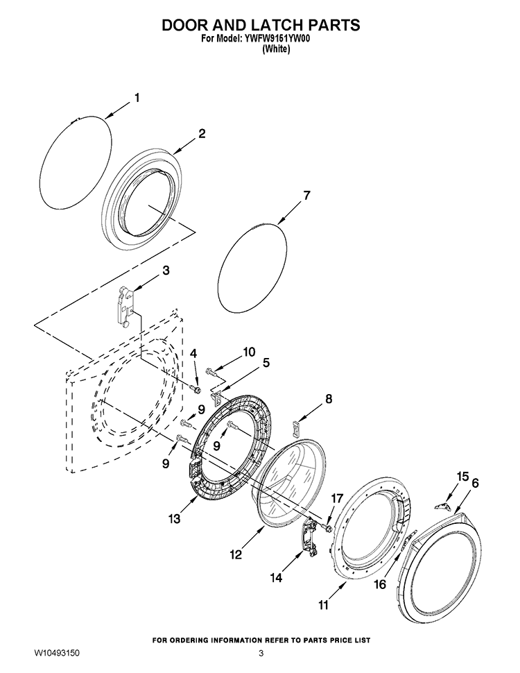 DOOR AND LATCH PARTS Diagram and Parts List for YWFW9151YW00  Whirlpool Washer