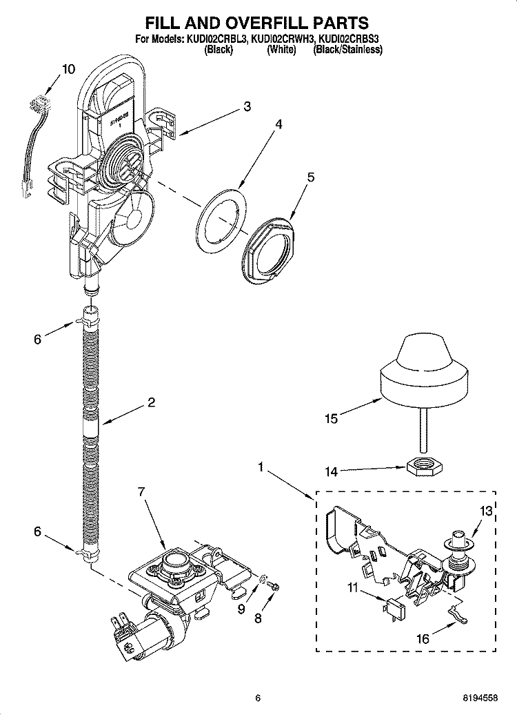 FILL AND OVERFILL PARTS Diagram and Parts List for KUDI02CRWH3  KitchenAid Dishwasher