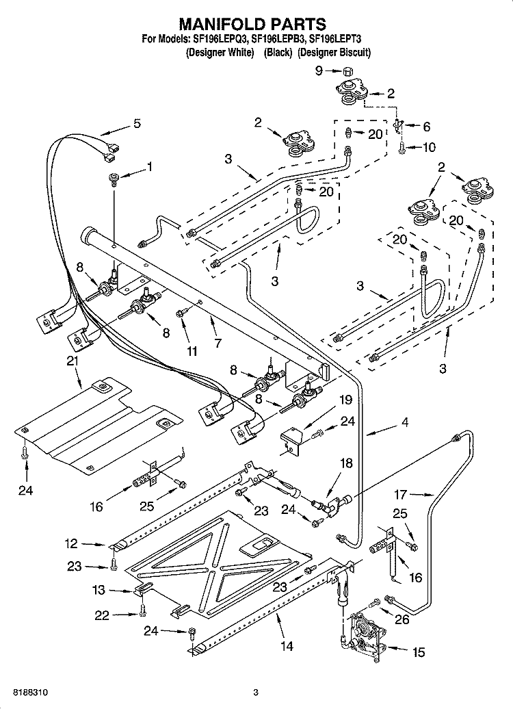 MANIFOLD PARTS Diagram and Parts List for SF196LEPB3  Whirlpool Range