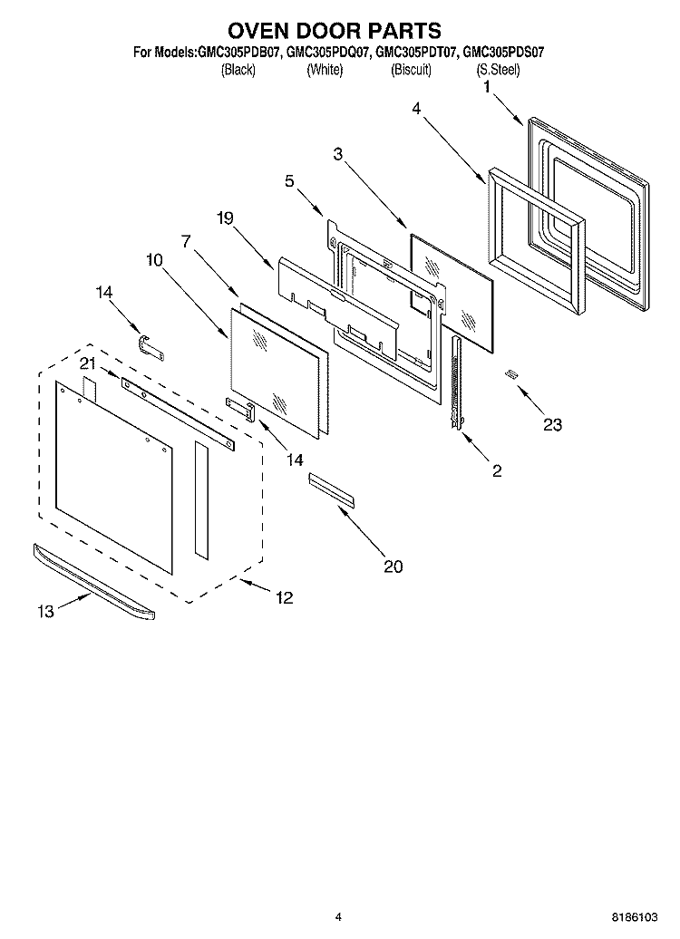 OVEN DOOR PARTS Diagram and Parts List for GMC305PDS07  Whirlpool Microwave Oven Combo