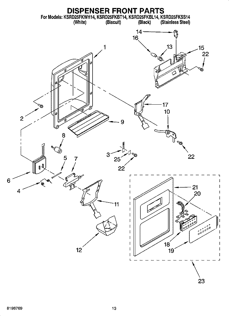 DISPENSER FRONT PARTS Diagram and Parts List for KSRD25FKBL14  KitchenAid Refrigerator