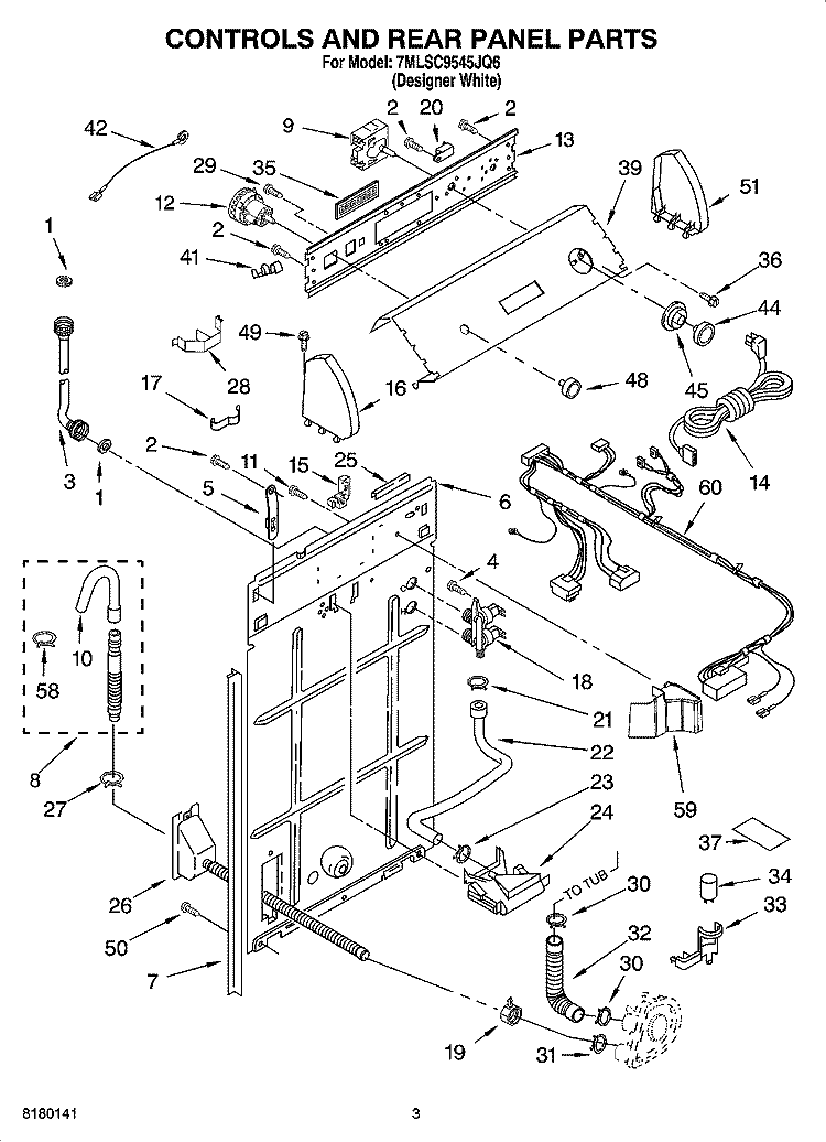 CONTROLS AND REAR PANEL PARTS Diagram and Parts List for 7MLSC9545JQ6  Whirlpool Washer