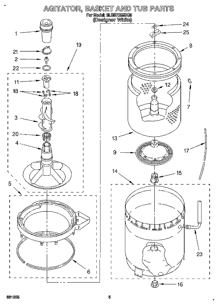 AGITATOR, BASKET AND TUB Diagram and Parts List for 3LBR7255BQ0  Whirlpool Washer