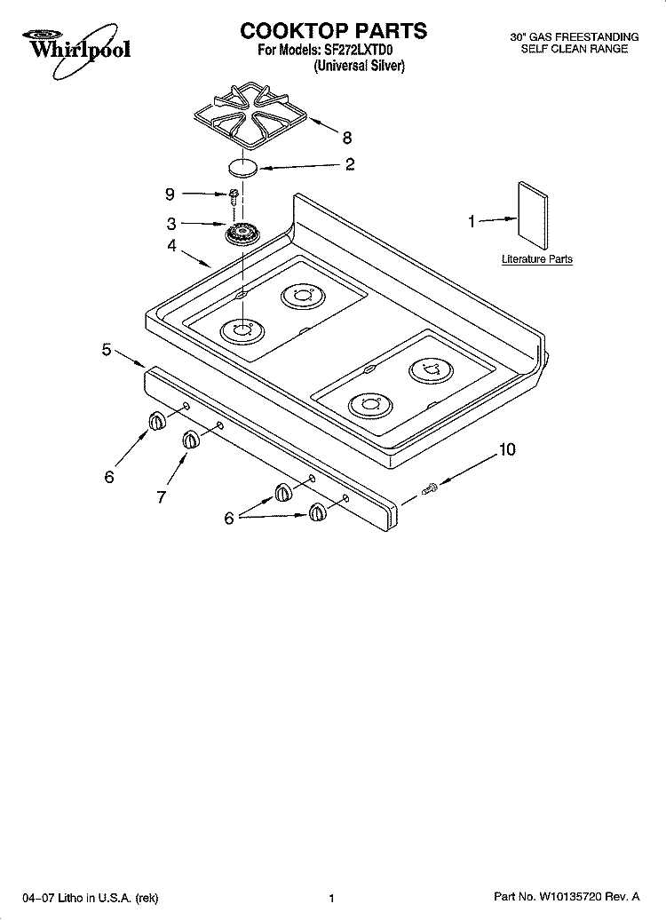 COOKTOP PARTS Diagram and Parts List for SF272LXTD0  Whirlpool Range