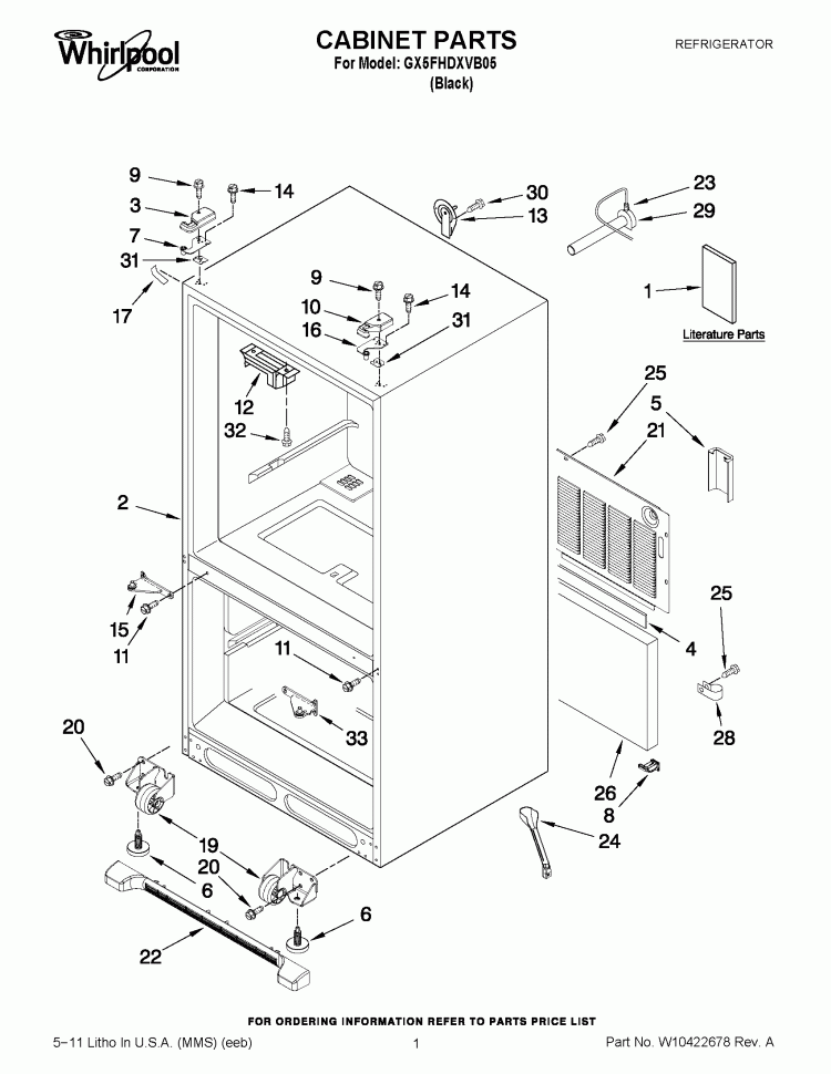CABINET PARTS Diagram and Parts List for GX5FHDXVB05  Whirlpool Refrigerator