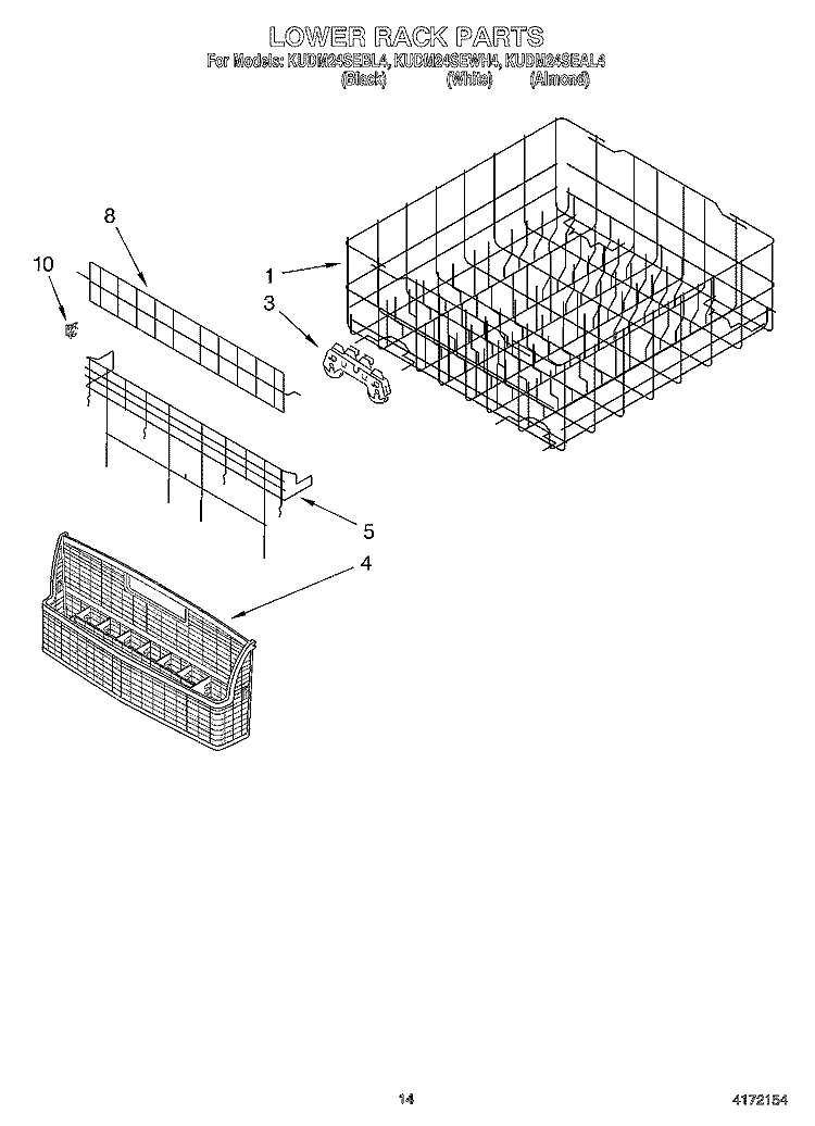 LOWER RACK Diagram and Parts List for KUDM24SEAL4  KitchenAid Dishwasher